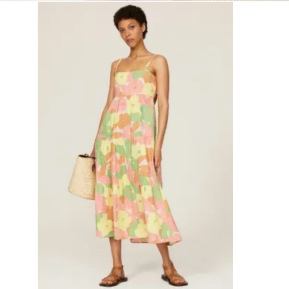 SANCTUARY 60s Retro Floral Smocked Back Spaghetti Strap Tiered Maxi Dress Size L - Picture 2 of 14